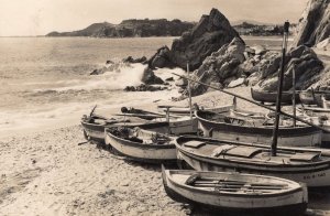 Lloret De Mar Fishing Boats at Beach Edge Antique Real Photo Postcard