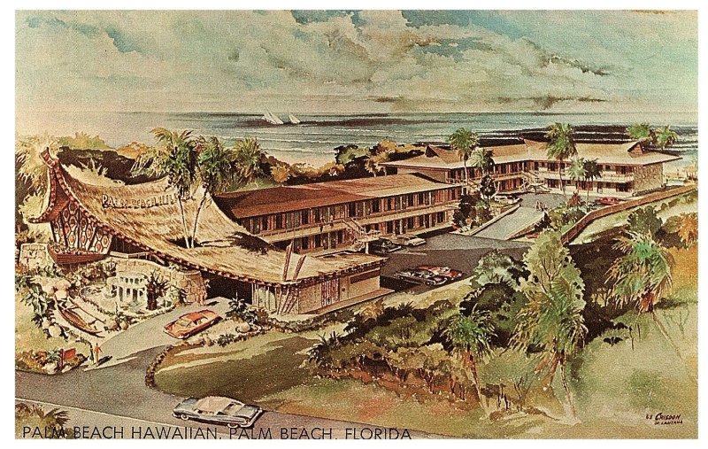 Palm Beach Hawaiian Motor Lodge Tiki Motel Old Cars Florida Postcard 1965