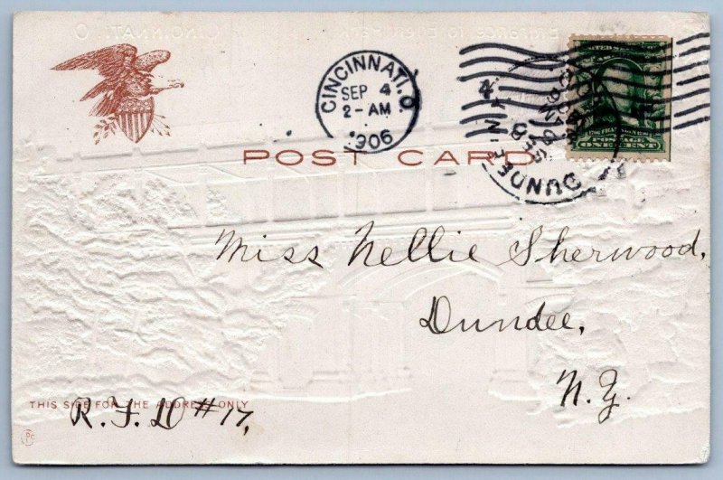 1906 ENTRANCE TO EDEN PARK CINCINNATI OHIO*EMBOSSED*SENT TO DUNDEE NY*SHERWOOD