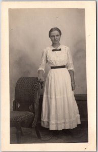 Portrait Of A Pretty Woman Wearing White Dress Real Photo Postcard