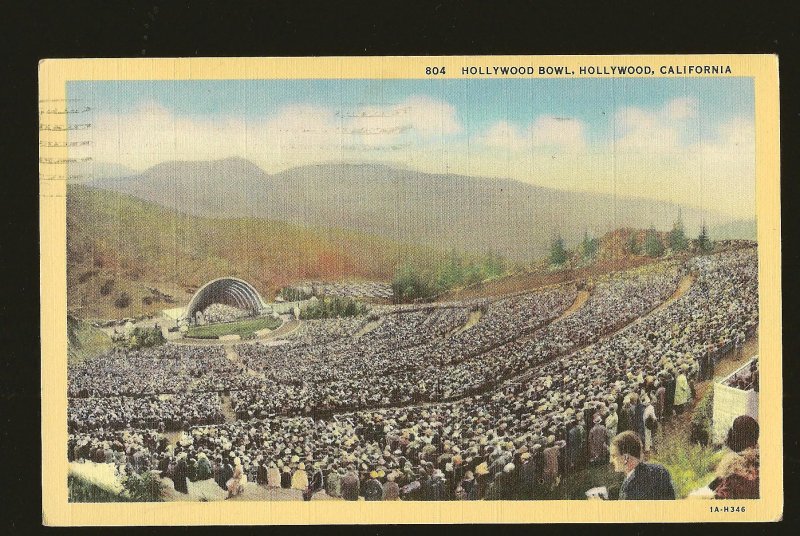 USA Postmark 1939 Long Beach Calif Hollywood Bowl Hollywood Calif Linen Postcard