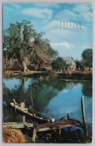 Louisiana~Along The Bayou~Old Dock & Canoe~PM 1958~Mirro Krome~Vintage Postcard