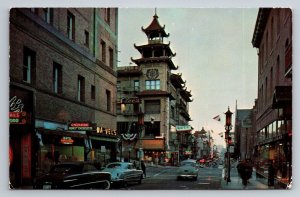 Vintage Postcard Chinatown at Night San Francisco Restaurants Cars People Walk