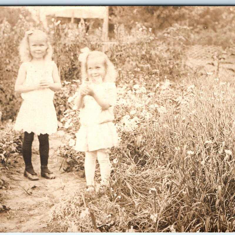 c1910s Cute Happy Little Girls Pick Flowers RPPC Garden Path Fun Real Photo A161