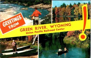 Green River, WY Wyoming GREETINGS Union Pacific Railroad Center FISHING Postcard