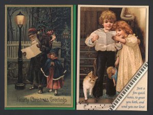 2x POSTCARDS - Santa Claus, girl, street lamp post, baby doll cat - 4x6 c.2003