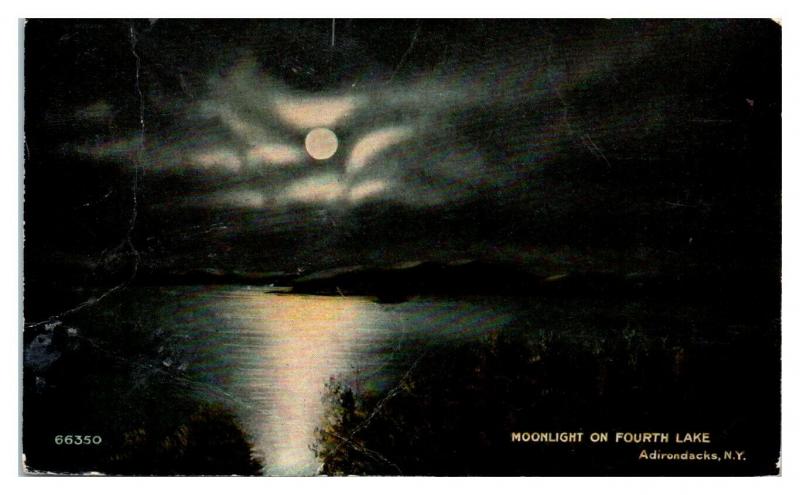 Early 1900s Moonlight on Fourth Lake, Adirondacks, NY Postcard *5N25