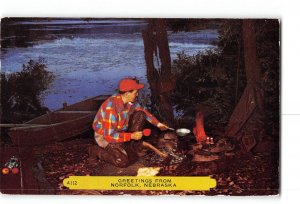 Norfolk Nebraska NE Postcard 1954 Greetings Man Camping Campfire