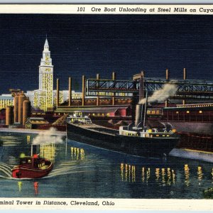 1937 Cleveland, OH Night Iron Ore Boat Unloading Steamship Industrial Scene A226