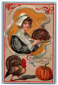 1909 Thanksgiving Greetings Pretty Woman Holding Pie Turkey Pumpkin Postcard 