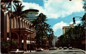 Waikiki Kalakaua Avenue Hawaii Tropical Downtown Streetview Chrome Postcard 