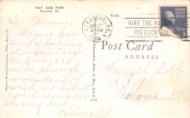 Scranton Pennsylvania 1954 Postcard Nay Aug Park 