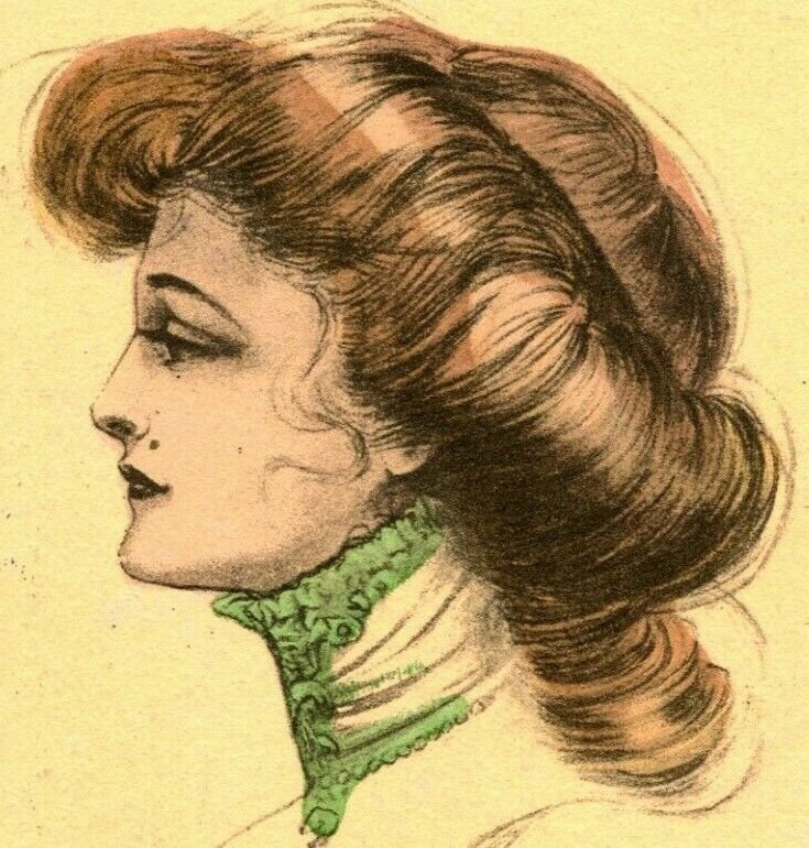 Vintage Postcard 1913 - Sketch of Victorian Woman in Profile w Lace Collar
