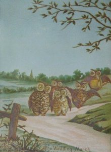 1870s-80s March of the Season Poem Lewis Novra Owls Playing Music Trade Card F23