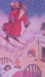 Santa Claus Skiing Child Dreams Old World Antique Vintage Christmas Postcard