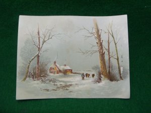 Christmas Victorian Trade Card Snow Man Cattle House Chimney Winter Scene