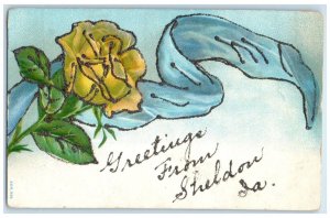 c1910 Greetings From Embossed Flower Rose Glitter Sheldon Iowa Vintage Postcard