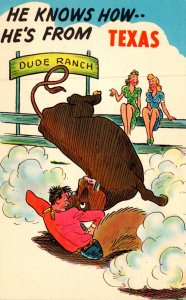 Texas Humour Cowboy Wrestling Bull Girls Watching He Knows How He's From...