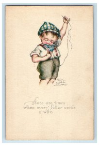 c1910's Little Boy Sewing Ruthwelch Silver Artist Signed Antique Postcard