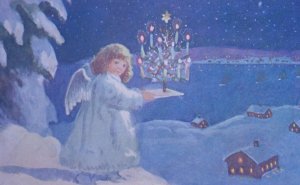 1910s Fantasy Angel Tree Candles Snow Antique Vintage Christmas Postcard German