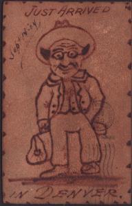 Just Arrived in Denver,Man Holding Suitcase,Leather Postcard