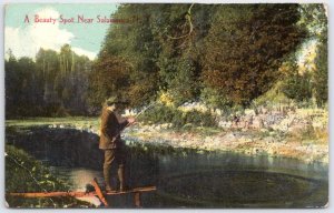 1913 Salamanca NY Fishing Postcard - Man on River Bank Vintage New York