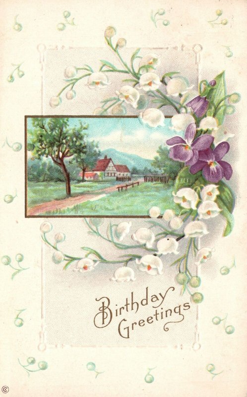 Vintage Postcard Birthday Greetings Violets & White Flowers Landscape Card 