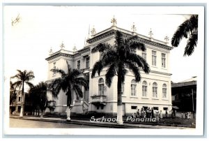 c1940's School Building Scene Street Panama RPPC Photo Unposted Vintage Postcard