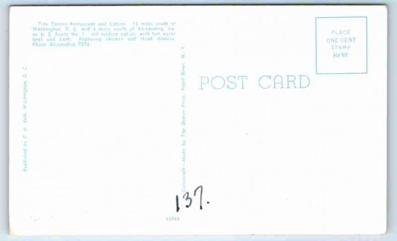 ALEXANDRIA, Virginia VA~ Roadside TINY TAVERN RESTAURANT & CABINS 1950s Postcard