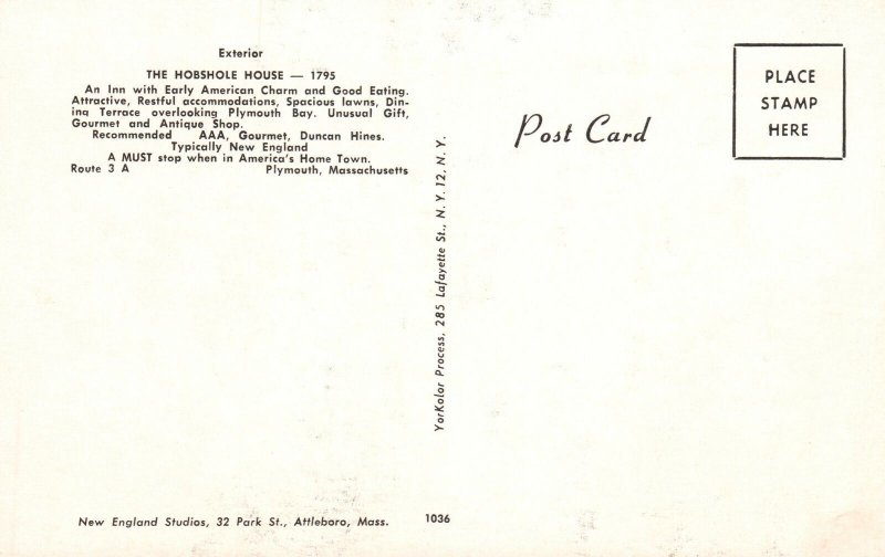 Postcard Exterior The Hobshole House Early American Charm Plymouth Massachusetts