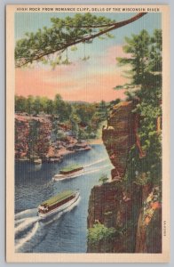 Linen~Boats & High Rock From Romance Cliff Wisconsin Dells~Vintage Postcard