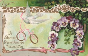 1911 Valentine Remembrance Postcard Dove Pansies Clover Embossed Posted IA