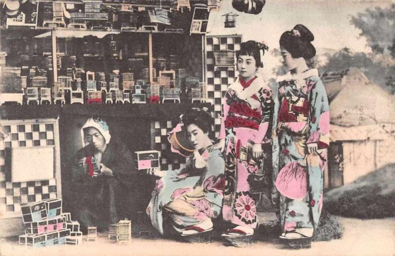 Japan Geisha Girls Cricket Cages Cricket Seller Vendor Stand Postcard J81116