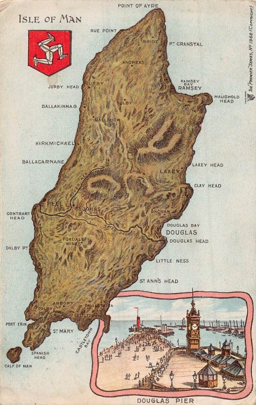 ISLE OF MAN ENGLAND~DETAILED PREMIER MAP  #1968 + DOUGLAS PIER~1903 POSTCARD 