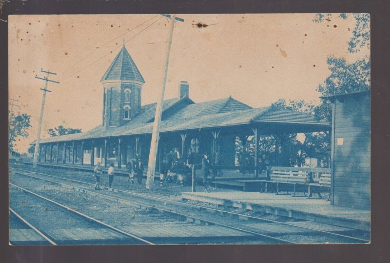 Waukegan ILLINOIS RPPC 1906 DEPOT TRAIN STATION Railroad Railway CYANOTYPE IL KB