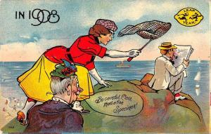 Leap Year Greetings Lady with Net Catching Man Antique Postcard J60596 