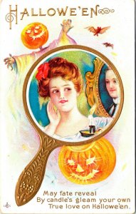 Vintage Victorian Woman, Man,JOL,Pumpkin, Bat,Mirror, Romance Halloween Postcard