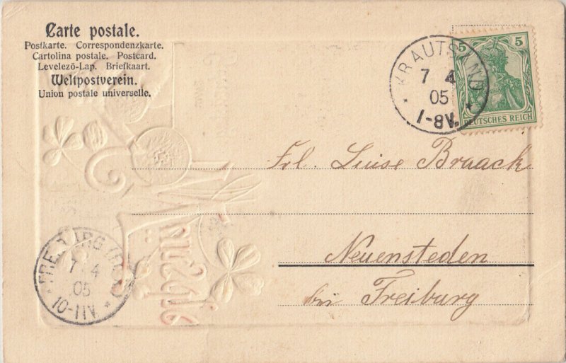 Birthday greetings 1905 embossed dwarf knome money luck fantasy Germany postcard