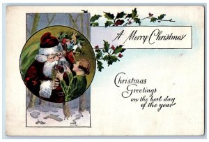 Christmas Postcard Greetings Santa Claus Giving Toys Holly Berries c1930's