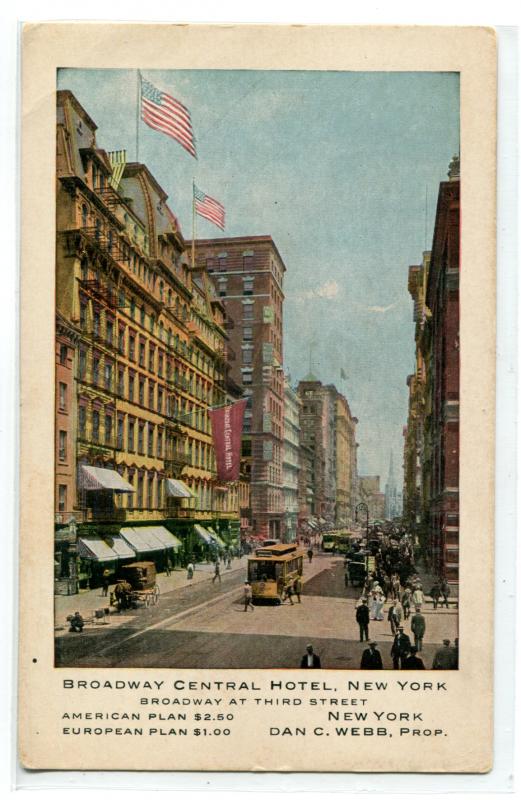 Broadway Central Hotel New York City 1910 advertising postcard