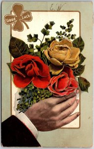 Good Luck, 1909 Hand Holding Rose Bouquet & Gold Clover Shape, Vintage Postcard