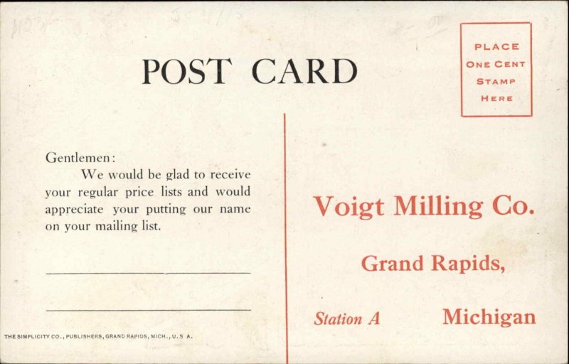 Grand Rapids MI Voigt Milling Co c1910 Postcard