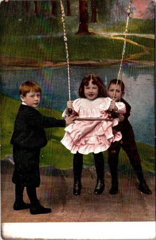 2~ca1900's UDB Vintage Postcards TWO LITTLE BOYS Pushing LITTLE GIRL In SWING