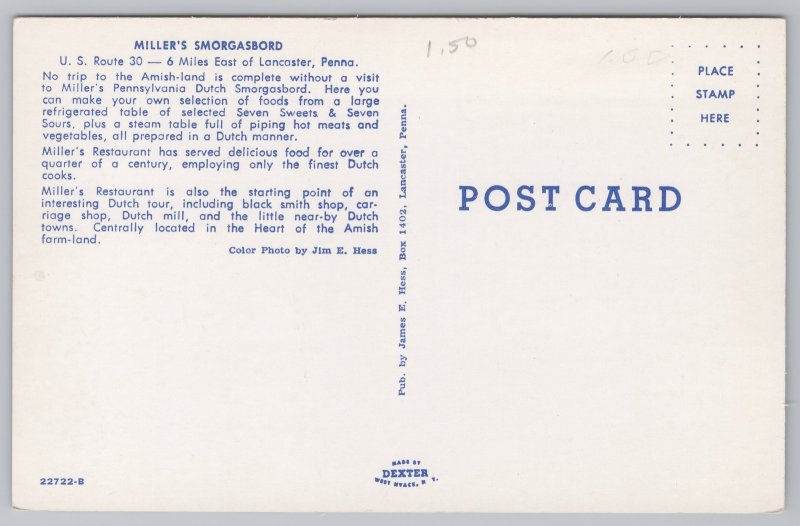 Roadside~Lancaster PA~Miller's Pennsylvania Dutch Smorgasbord~Vintage Postcard