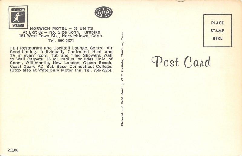 Norwichtown Connecticut~Norwich Motel~Restaurant~Coffee Shop~1950s Postcard