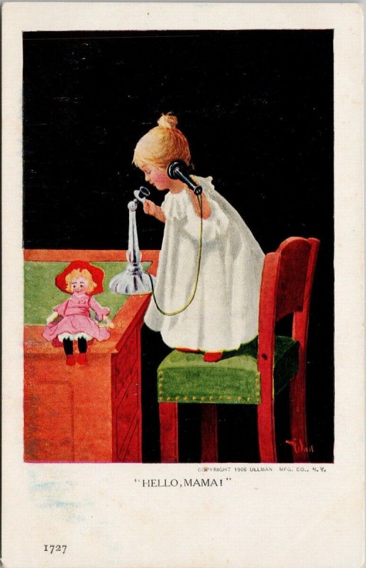 'Hello Mama' Girl Child on Telephone Doll Unused Ullman 1727 Wall Postcard G7