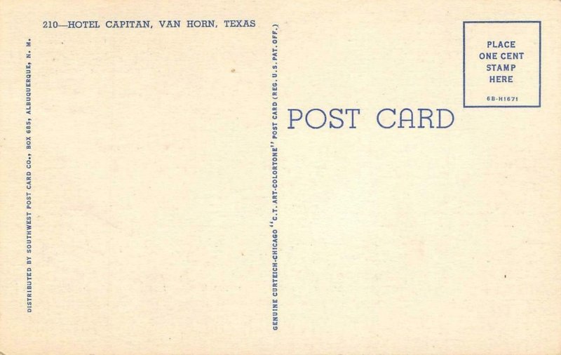 HOTEL CAPITAN Van Horn, Texas Roadside Culberson Co 1940s Linen Vintage Postcard