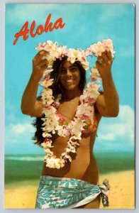 Wahine, Pretty Girl Offering Lei, Aloha, 1971 Postcard, Zip Code Slogan Cancel