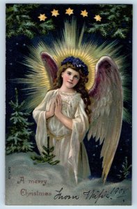 c1910's Christmas Holy Angel Stars Winter Scene Embossed Antique Postcard