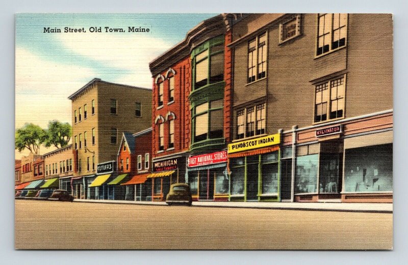 Main Street Old Town Maine ME Linen Postcard UNP VTG Tichnor Unused Vintage 